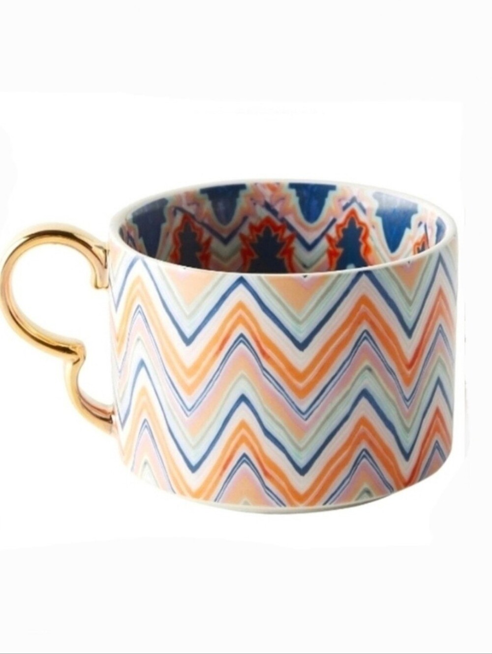 Set of 2 Anthropologie Chelsea Chevron Blue Motif Mugs Gold Scalloped Handle